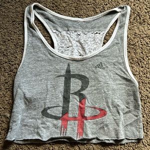 grey, red, black, and white. adidas crop top